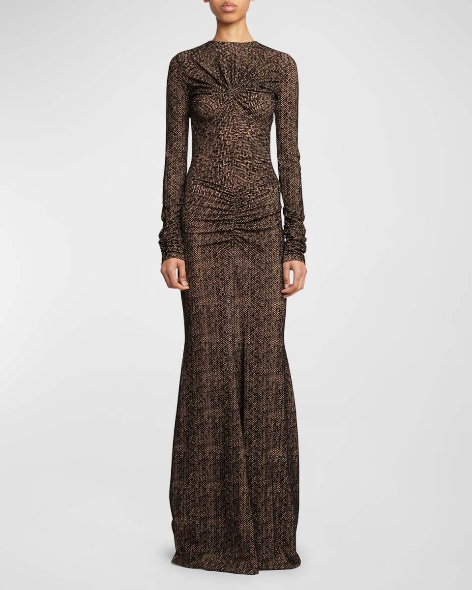 Chevron Long-Sleeve Ruched Maxi Dress