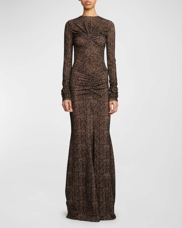 Chevron Long-Sleeve Ruched Maxi Dress