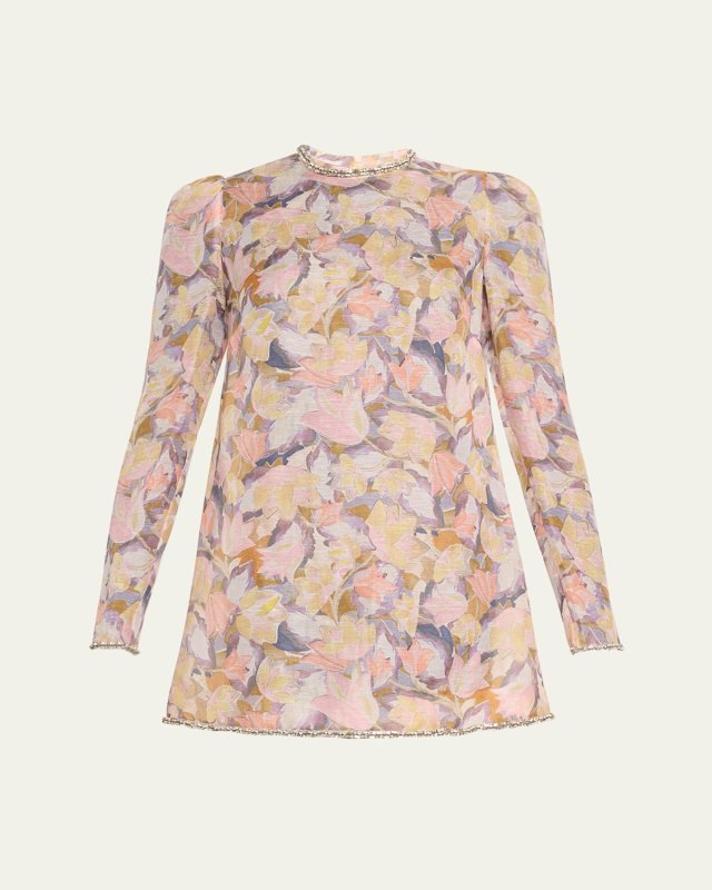 Floral-Print Diamante Long-Sleeve Mini Dress