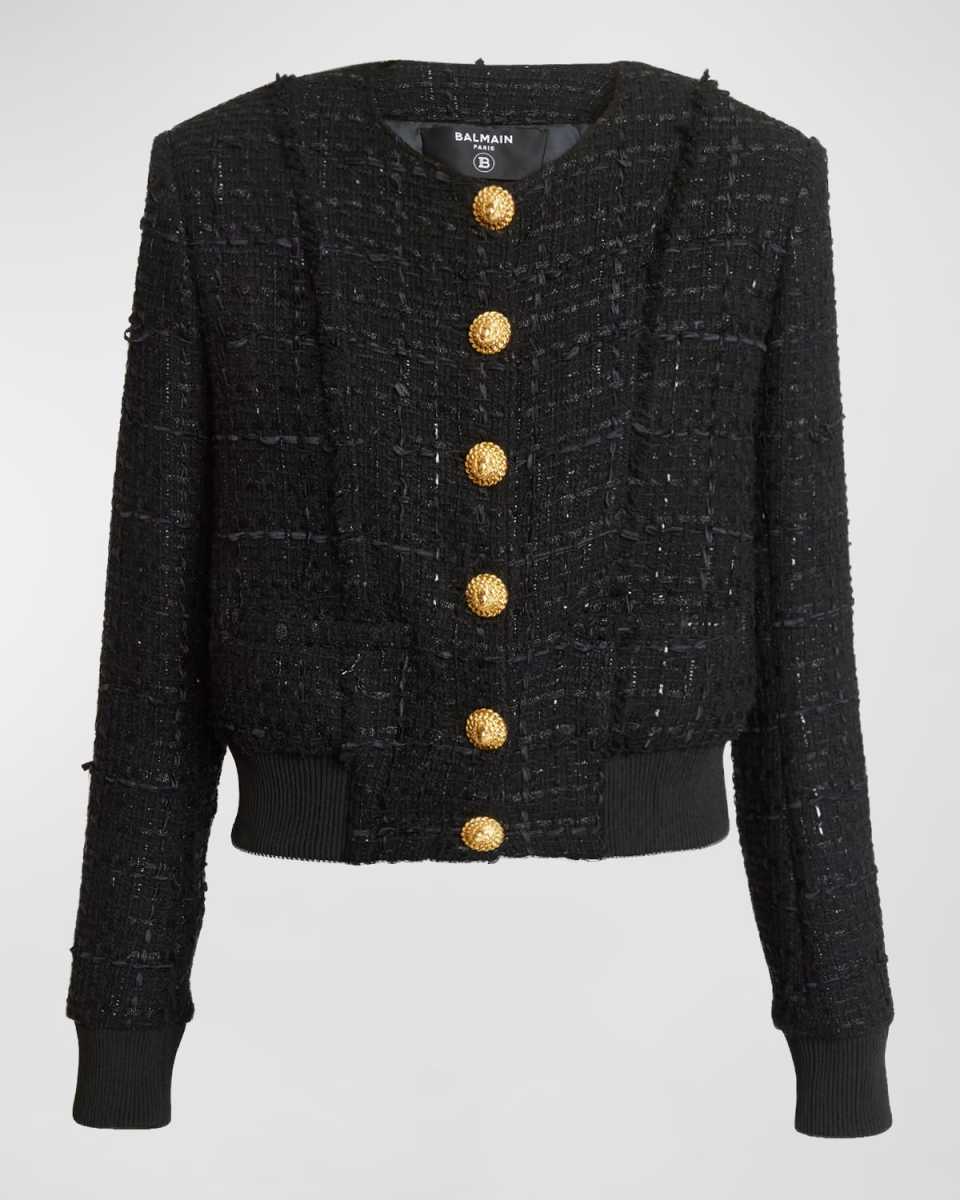 Button-Front Tweed Blouson Jacket