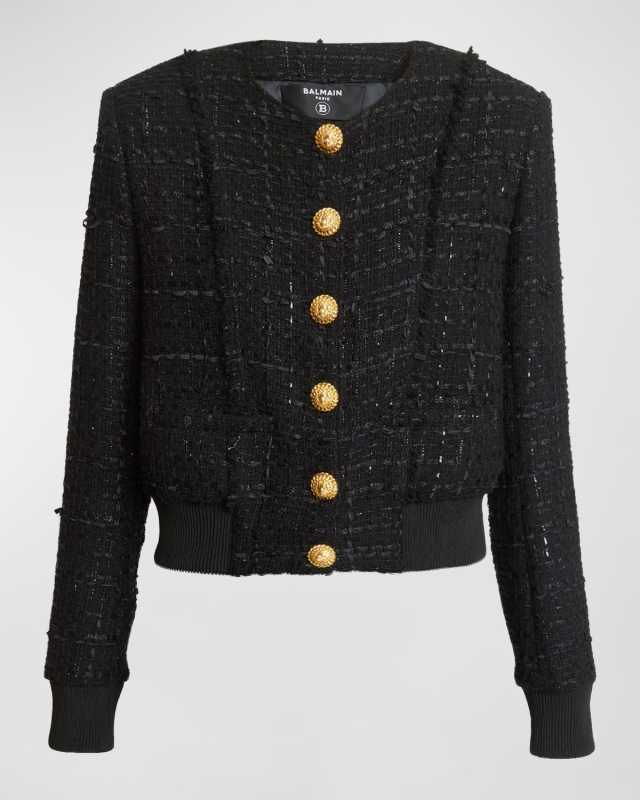 Button-Front Tweed Blouson Jacket
