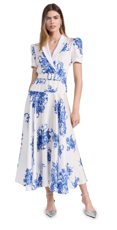 Rodarte White and Blue Floral Printed Silk Twill Collared Dress with Belt Detail Blue