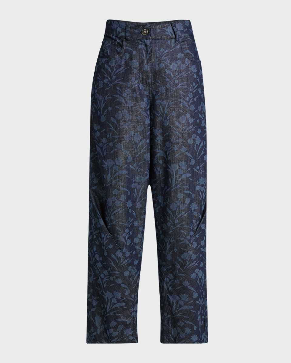 Floral Lurex Denim Wide-Leg Jeans