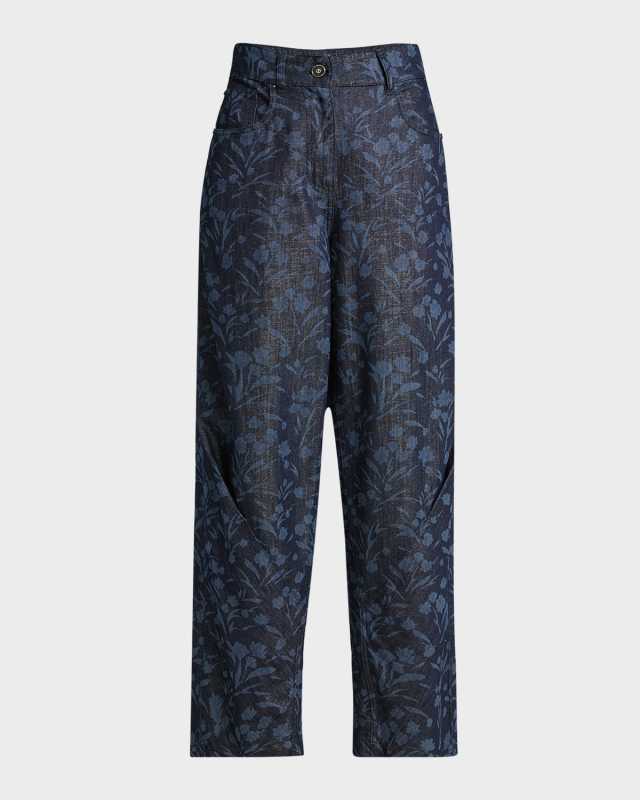 Floral Lurex Denim Wide-Leg Jeans