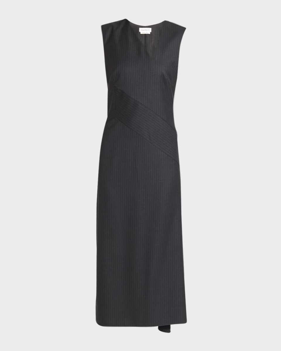 Pinstripe Sleeveless Asymmetric Midi Day Dress
