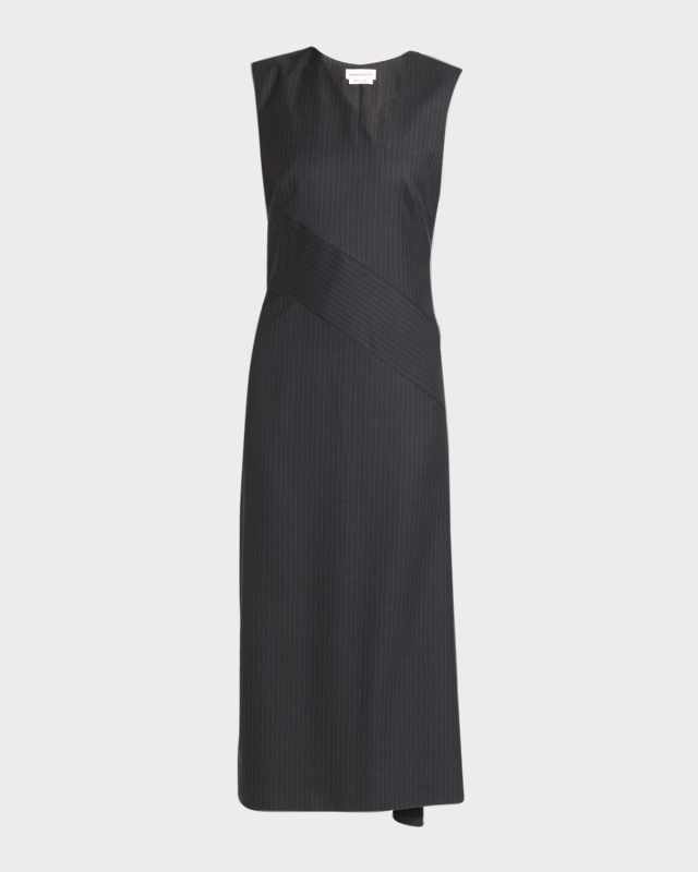 Pinstripe Sleeveless Asymmetric Midi Day Dress