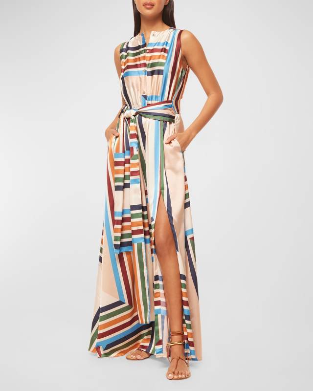 Anabella Geo Stripe Tie-Waist Sleeveless Maxi Dress