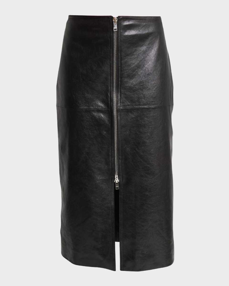 Ediaz Leather Zip-Front Midi Skirt