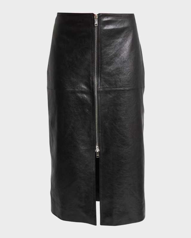 Ediaz Leather Zip-Front Midi Skirt