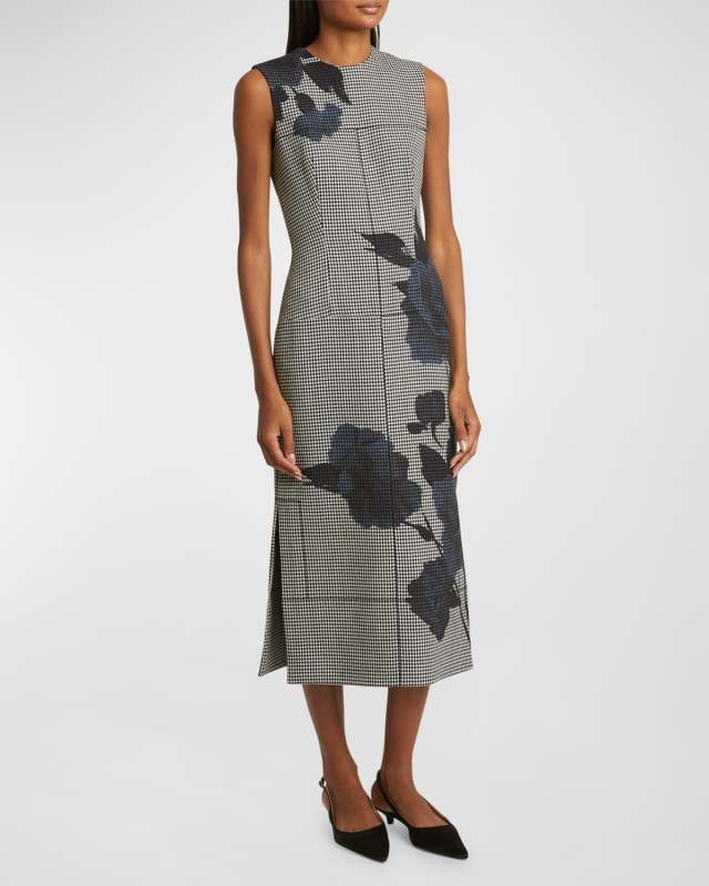 Houndstooth Floral Midi Pencil Dress