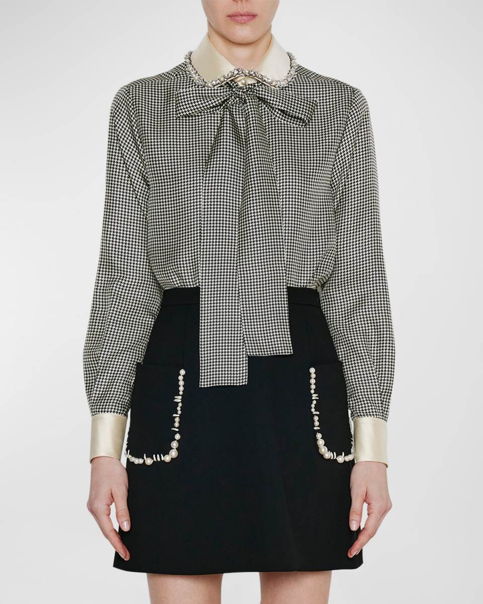 Houndstooth Print Blouse with Tie Neckline