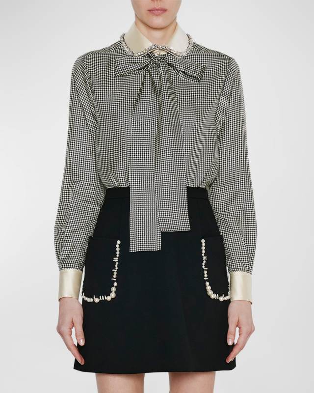 Houndstooth Print Blouse with Tie Neckline