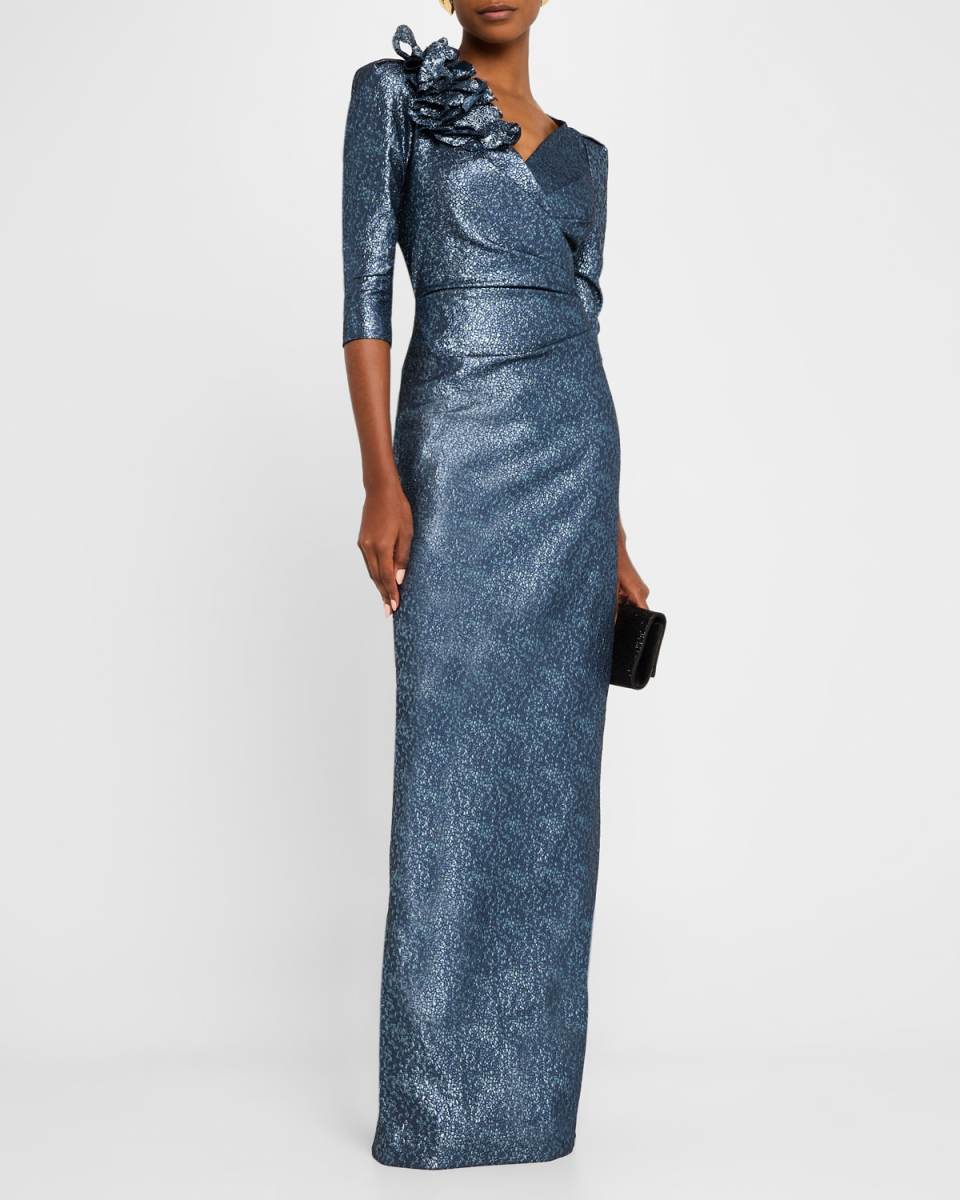 Pleated Metallic Jacquard Column Gown