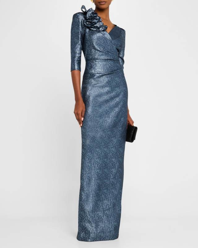 Pleated Metallic Jacquard Column Gown