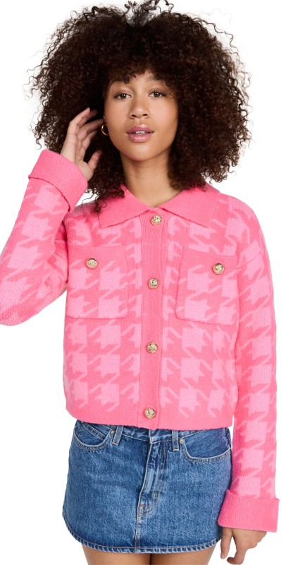 English Factory Knitted Houndstooth Cardigan Hot Pink