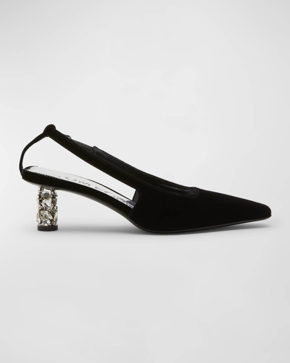 Velvet Crystal-Heel Slingback Pumps