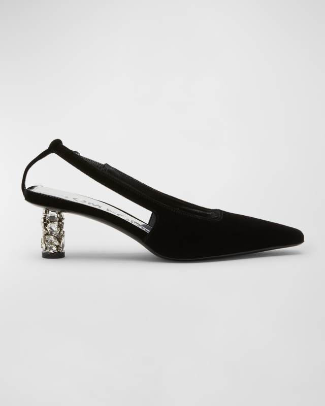 Velvet Crystal-Heel Slingback Pumps