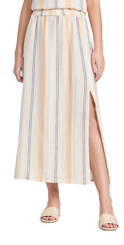 SUNDRY Long Skirt W/ Slit Cream/Multi Stripes