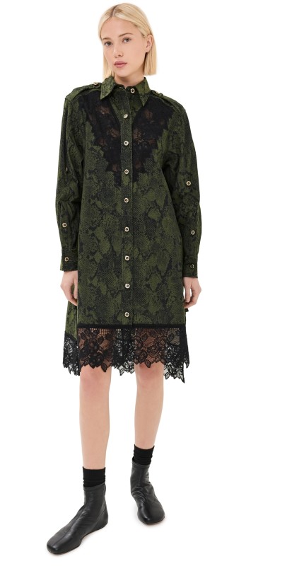 3.1 Phillip Lim Stretch Snake Shirt Dress with Lace Olive/Black