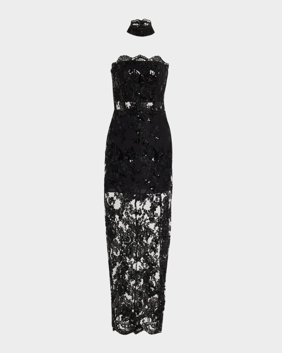 Georgie Sequined Semi-Sheer Strapless Gown with Collar