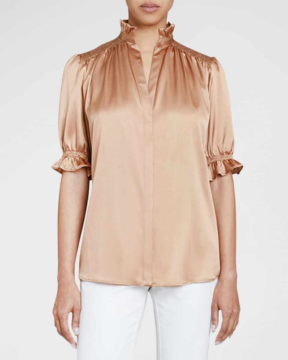 Elisa Smocked Ruffle-Tim Silk Blouse