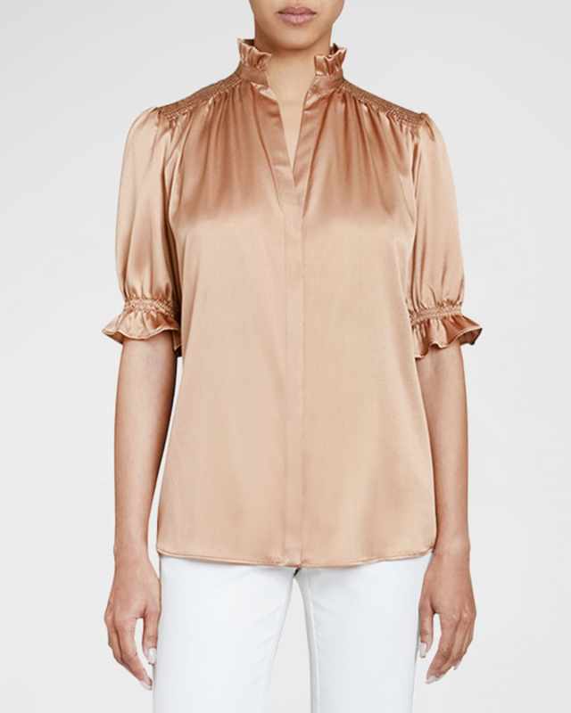 Elisa Smocked Ruffle-Tim Silk Blouse
