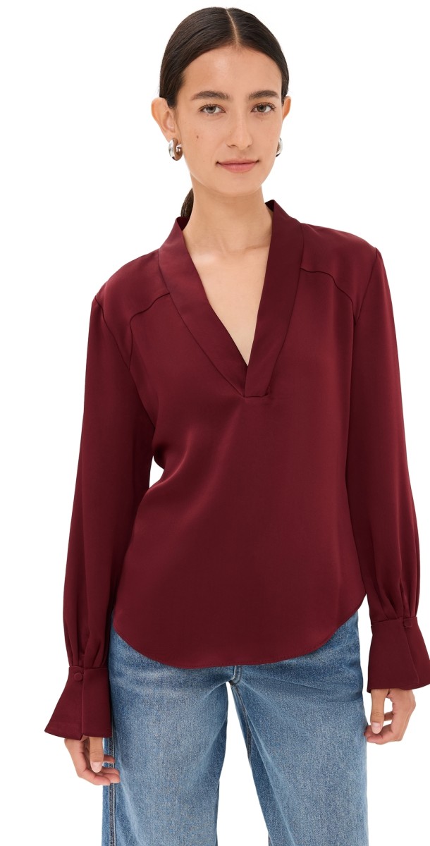 SIMKHAI Maisey Long Sleeve V Neck Blouse Oxblood