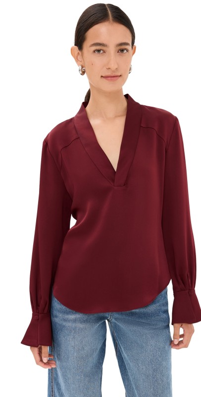 SIMKHAI Maisey Long Sleeve V Neck Blouse Oxblood