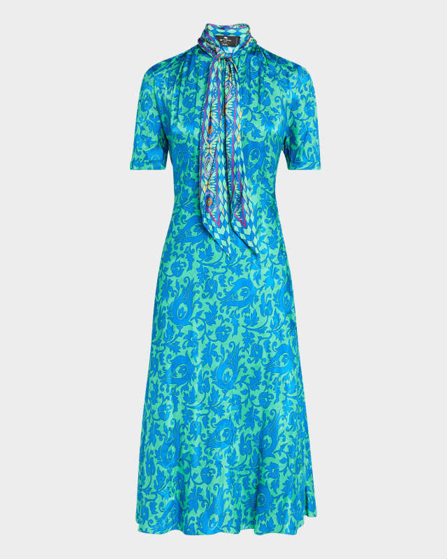 Tile-Print Neck-Tie Silk Midi Dress