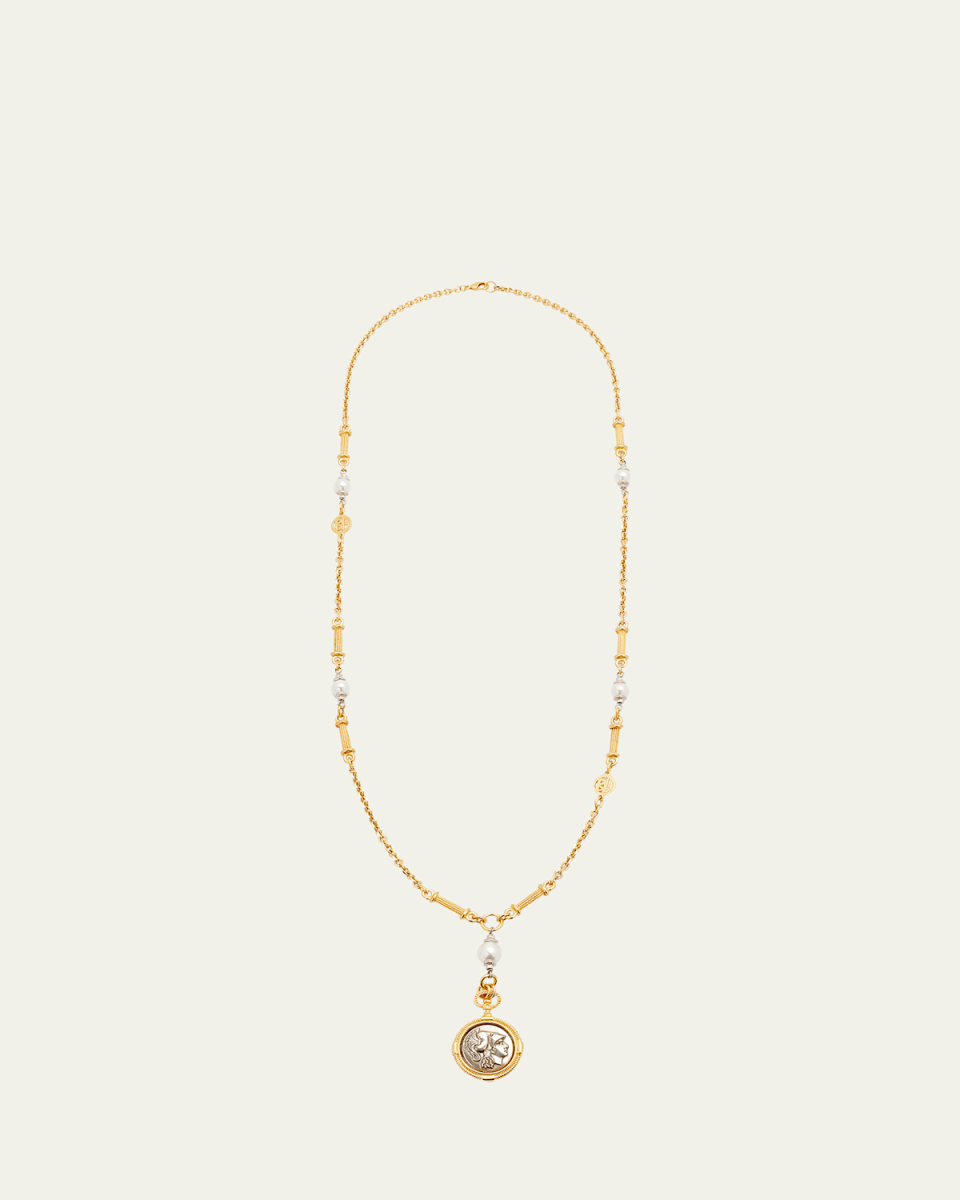 Long Gold Pearly Necklace with Coin Pendant