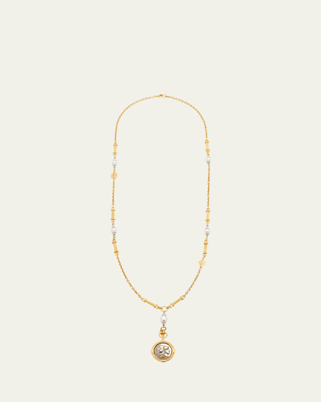 Long Gold Pearly Necklace with Coin Pendant