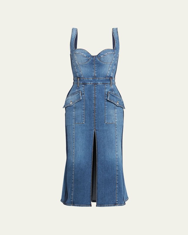 Sculpted Bust Denim Midi Dress with Front Slit