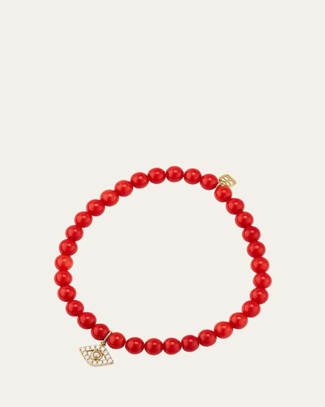 14K Large Evil Eye Charm on Peach Coral Bracelet
