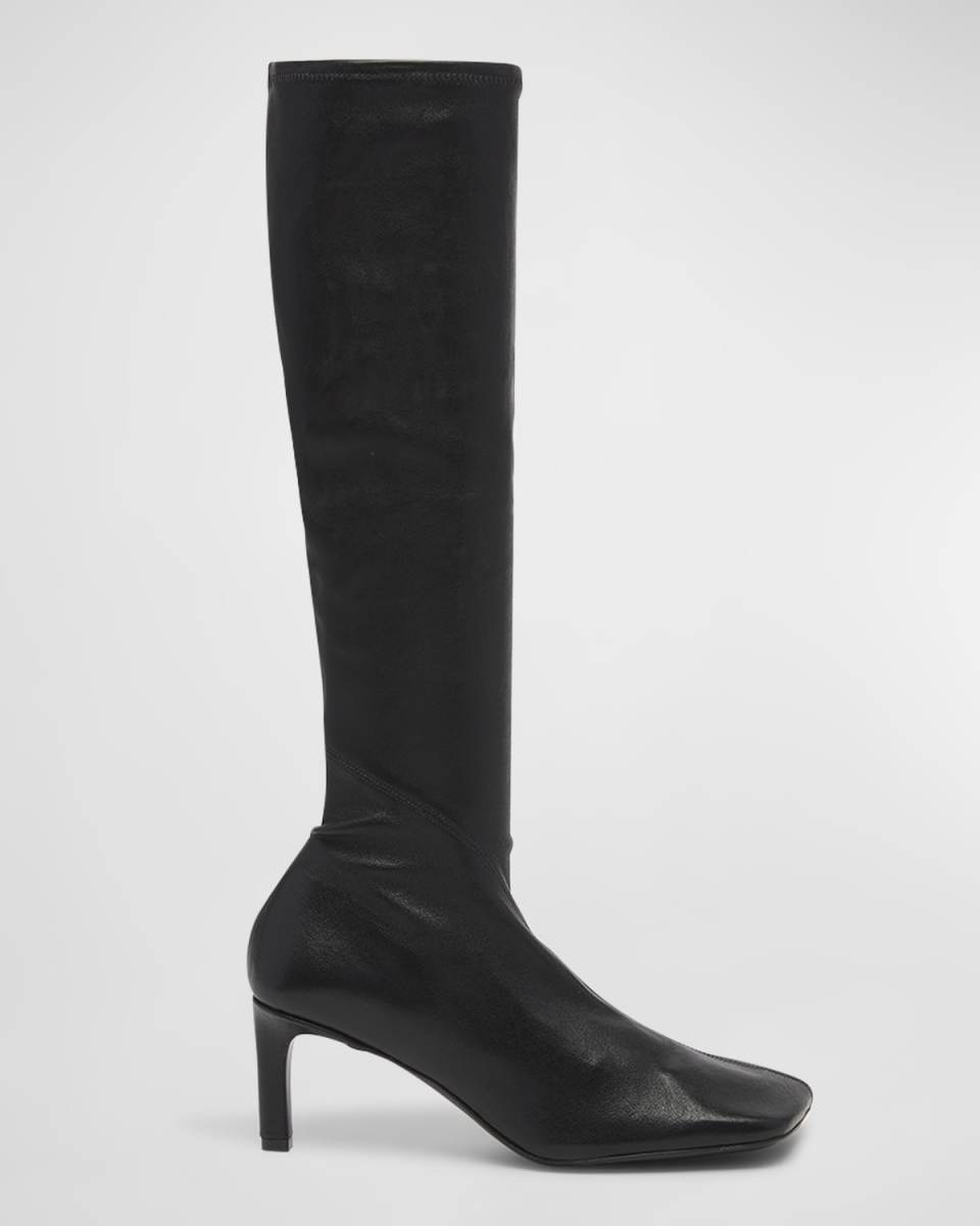 Asymmetrical Stretch Leather Knee Boots