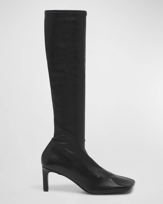 Asymmetrical Stretch Leather Knee Boots