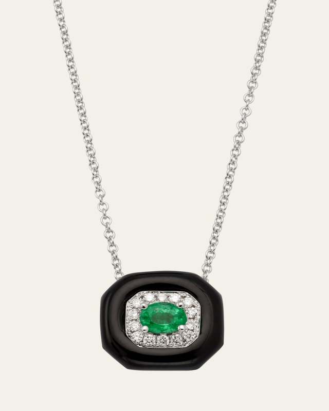 18k White Gold Oui Diamond & Emerald Pendant