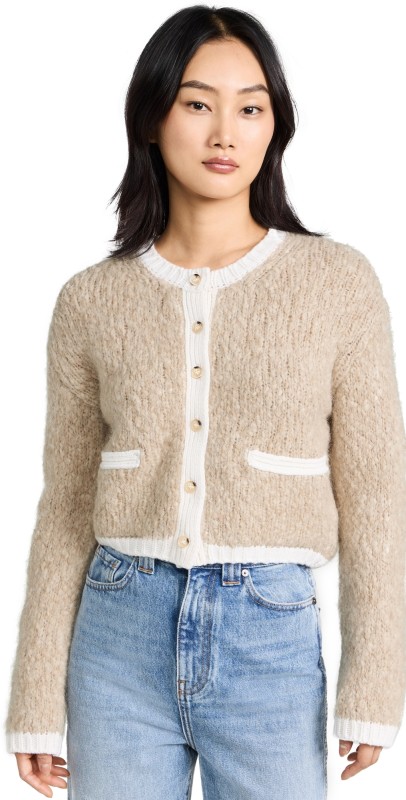 Naadam Italian Luxe Boucle Crew Neck Cardigan Camel