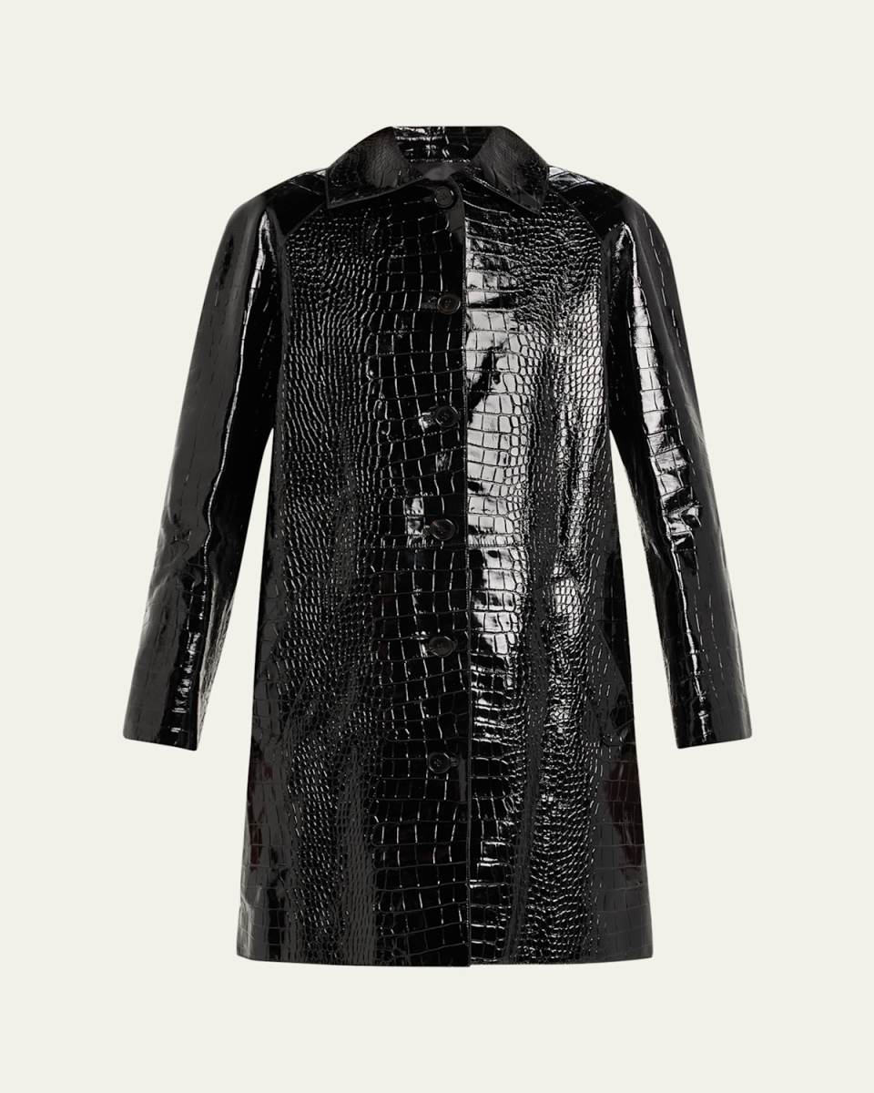 Balmacaan Crocodile Embossed Leather Coat