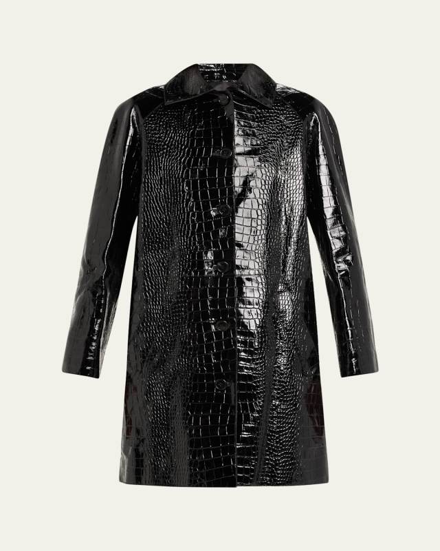 Balmacaan Crocodile Embossed Leather Coat