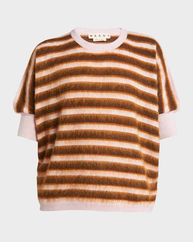 Striped Fuzzy Knit Short-Sleeve Sweater