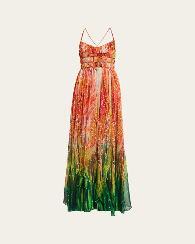 Rosie Multicolor Silk Tiered Cross-Back Gown