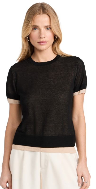 Vince Double Layer Tee Black/Oat Sand Combo