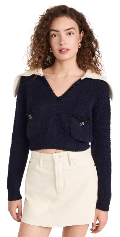 Self Portrait Navy Soft Knit Contrast Collar Top Navy