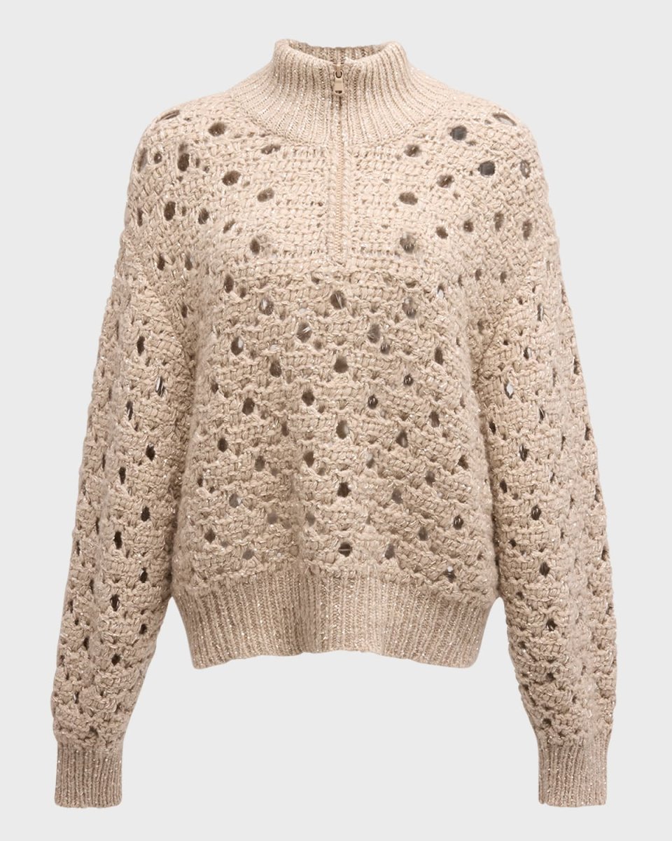 Paillette Round Open-Weave Cashmere Quarter-Zip Sweat