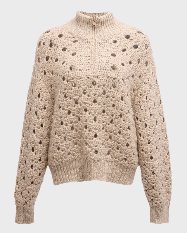Paillette Round Open-Weave Cashmere Quarter-Zip Sweat