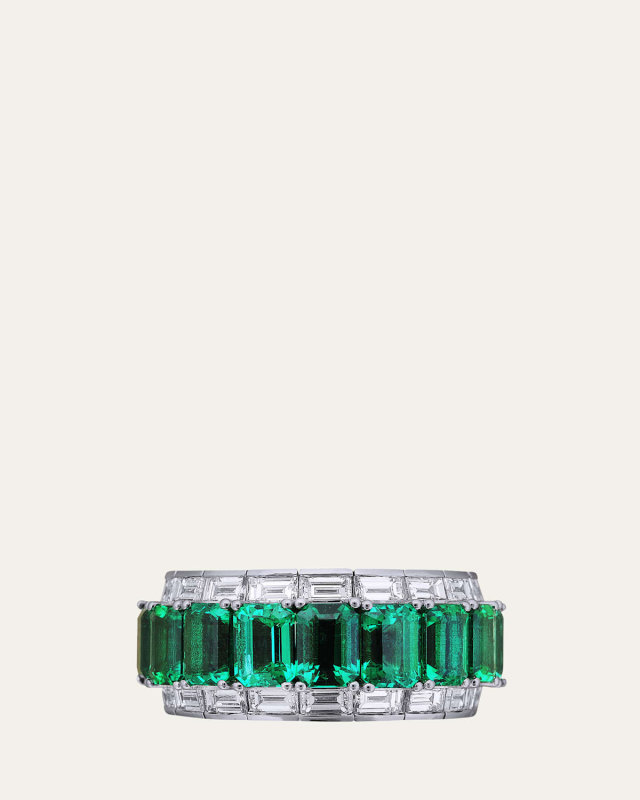 18K White Gold Xpandable Emerald and Diamond Ring