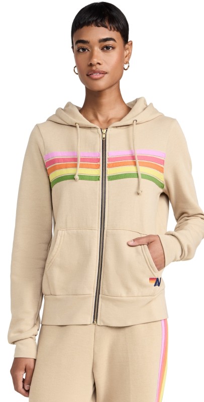 Aviator Nation 5 Stripe Zip Hoodie Sand/Pink Green