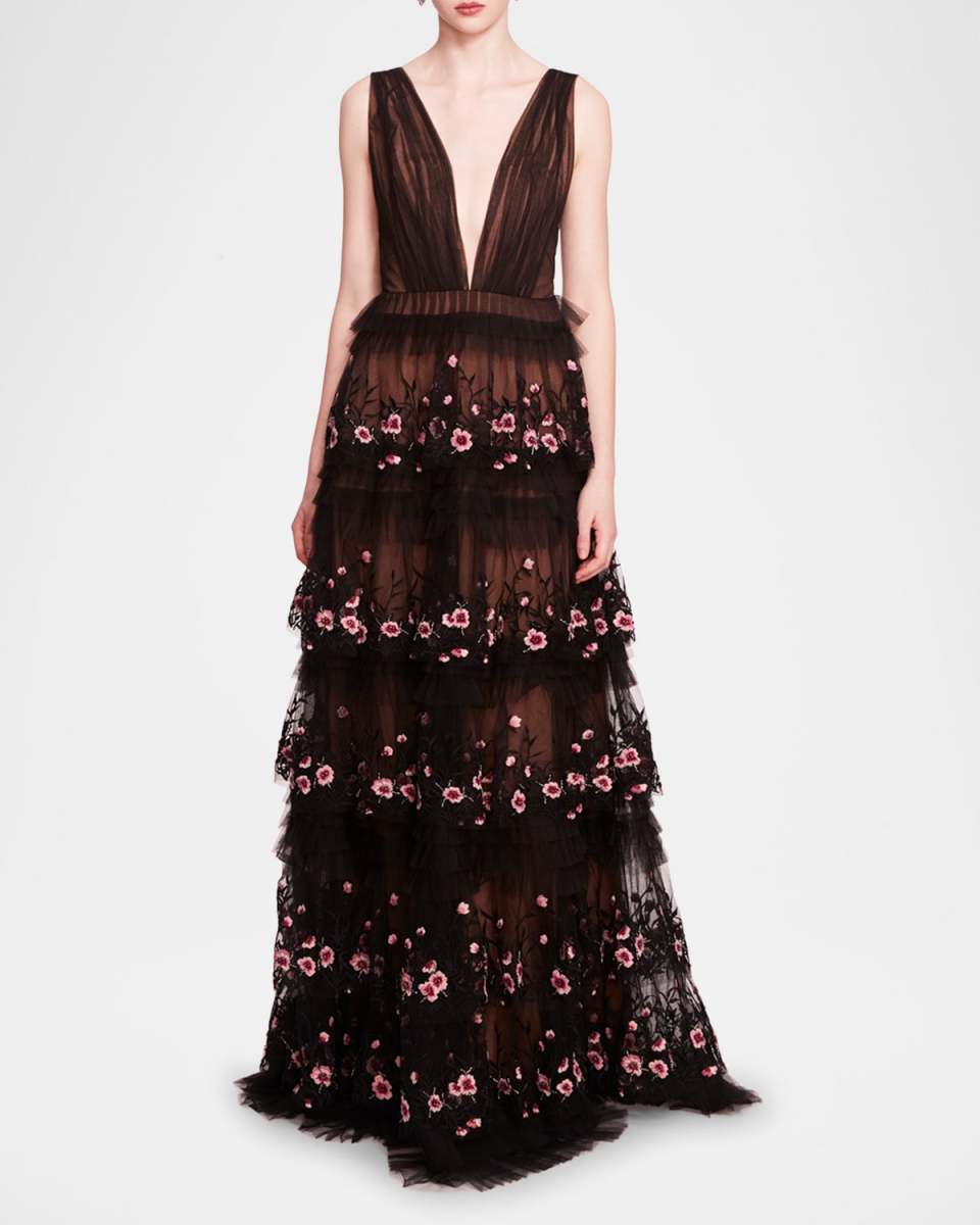 Embroidered Deep V-Neck Ruffle Gown