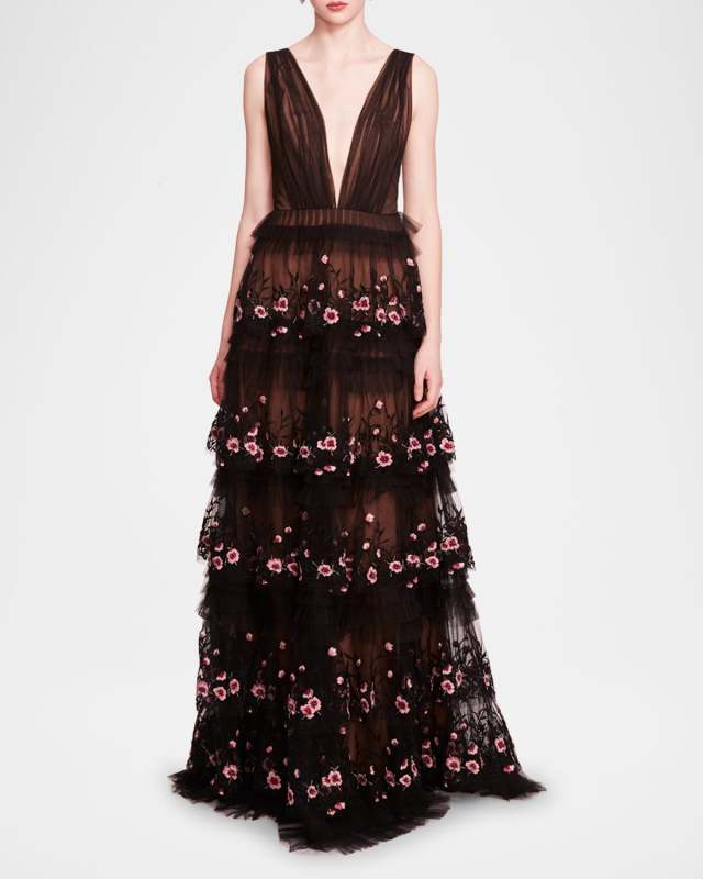 Embroidered Deep V-Neck Ruffle Gown