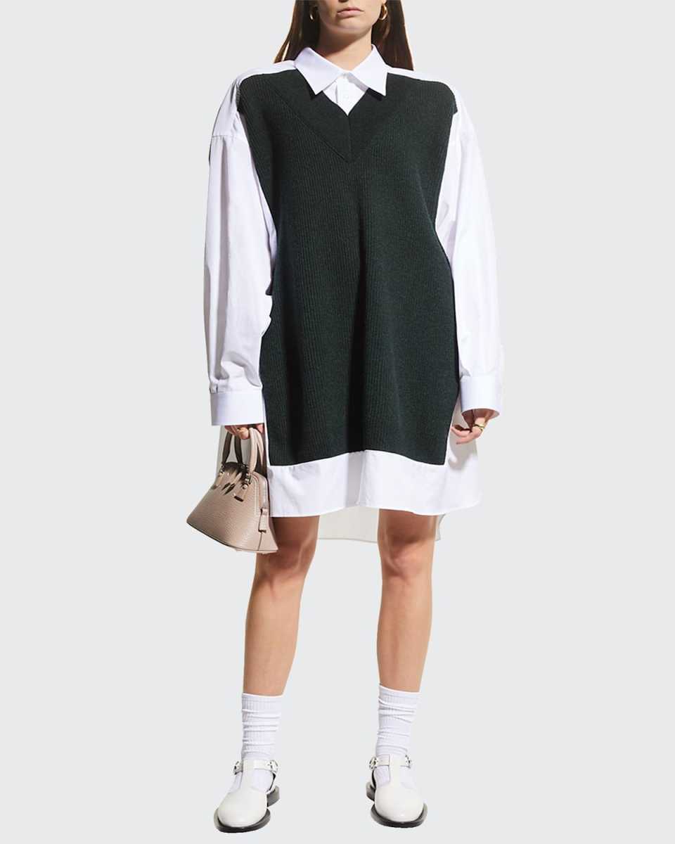 Spliced Knit Poplin Shirtdress